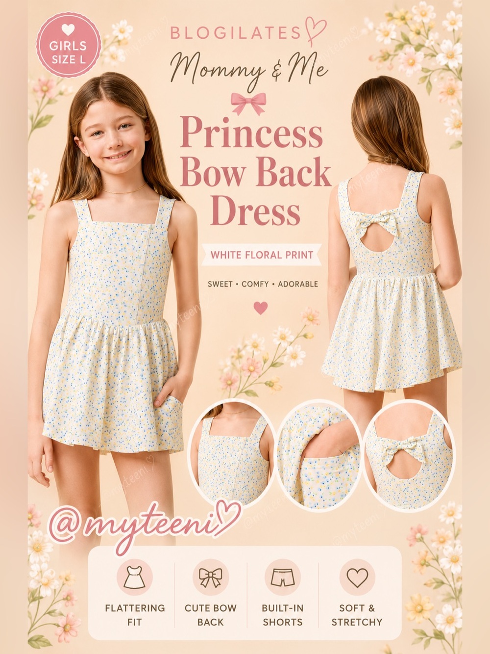 🌼  Blogilates Princess Bow Back Dress - White Floral Print